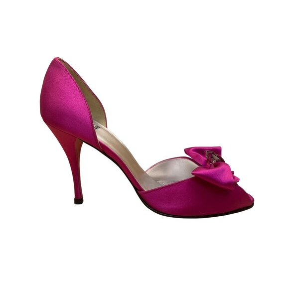 Stuart Weitzman Women’s Pink Satin Open Toe Bow Embellished DOrsay Heel Sz 8.5 - Picture 2 of 10